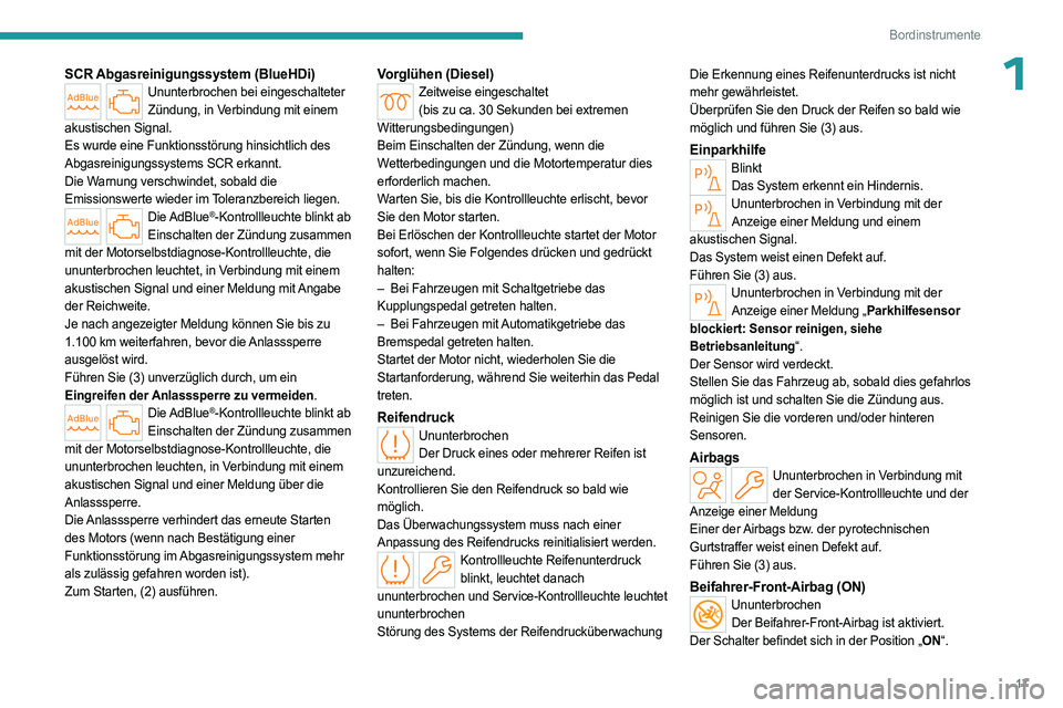 PEUGEOT 308 2024  Betriebsanleitungen (in German) 17
Bordinstrumente
1SCR Abgasreinigungssystem (BlueHDi)Ununterbrochen bei eingeschalteter Zündung, in Verbindung mit einem 
akustischen Signal.
Es wurde eine Funktionsstörung hinsichtlich des 
Abgas