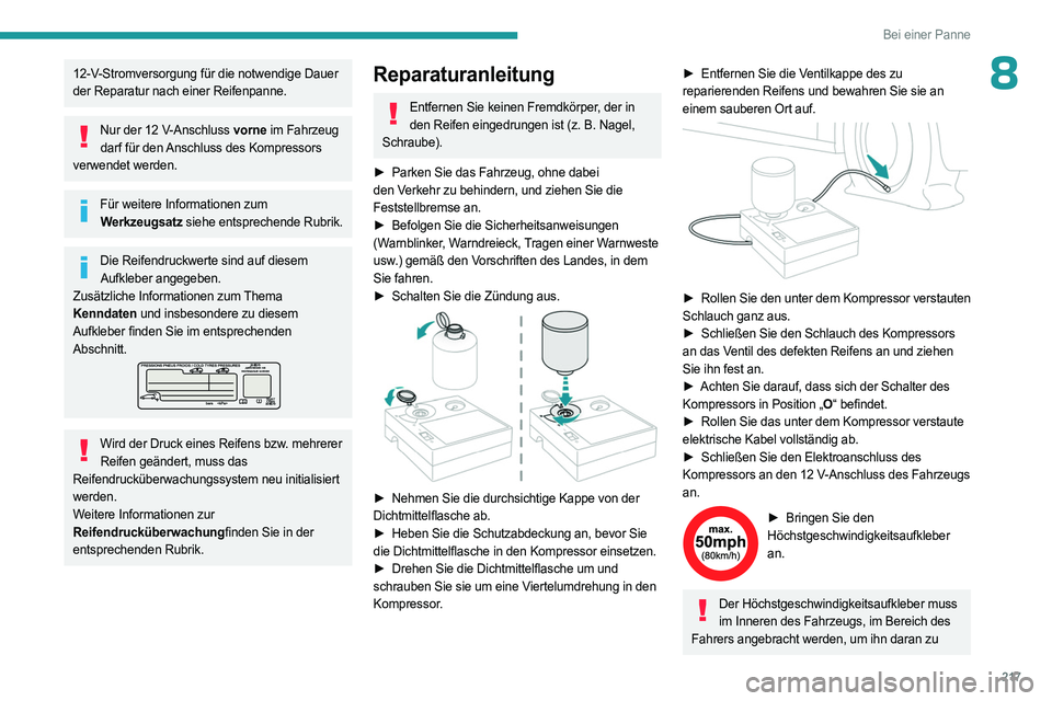 PEUGEOT 308 2024  Betriebsanleitungen (in German) 217
Bei einer Panne
812-V-Stromversorgung für die notwendige Dauer 
der Reparatur nach einer Reifenpanne.
Nur der 12 V-Anschluss vorne im Fahrzeug darf für den Anschluss des Kompressors 
verwendet w
