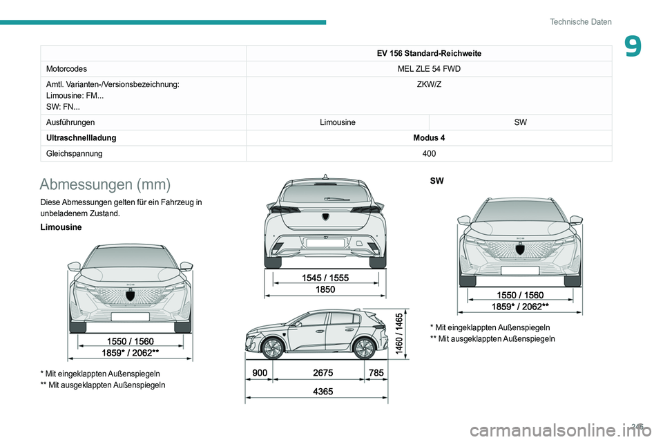 PEUGEOT 308 2024  Betriebsanleitungen (in German) 245
Technische Daten
9EV 156 Standard-Reichweite
Motorcodes MEL ZLE 54 FWD
Amtl. Varianten-/Versionsbezeichnung:
Limousine: FM...
SW: FN... ZKW/Z
Ausführungen LimousineSW
Ultraschnellladung Modus 4
G