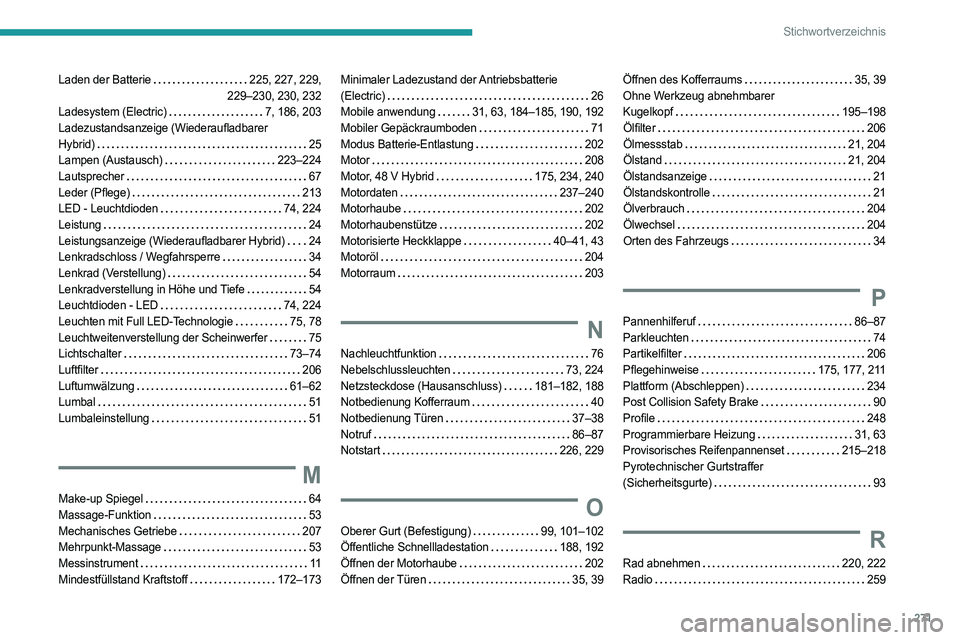 PEUGEOT 308 2024  Betriebsanleitungen (in German) 271
Stichwortverzeichnis
Laden der Batterie    225, 227, 229,  
229–230, 230, 232
Ladesystem (Electric)
   
7, 186, 203
Ladezustandsanzeige (Wiederaufladbarer   
Hybrid)
    
25
Lampen (Austausch)
 