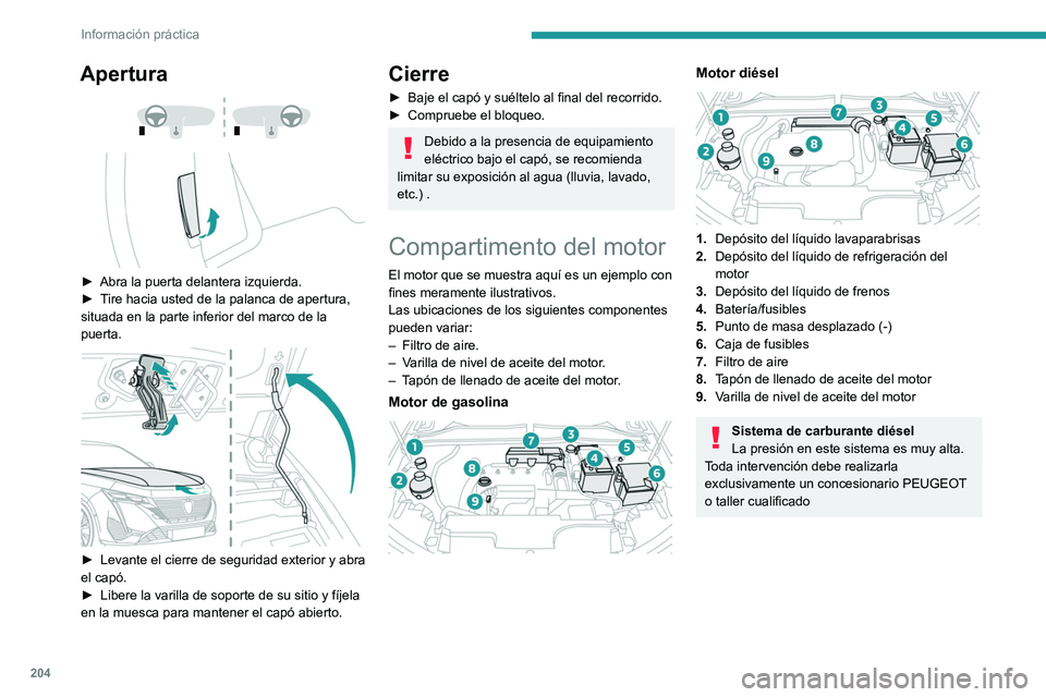 PEUGEOT 308 2024  Manual del propietario (in Spanish) 204
Información práctica
Apertura 
 
 
 
► Abra la puerta delantera  izquierda.
►  T ire hacia usted de la palanca de apertura, 
situada en la parte inferior del marco de la 
puerta.
 
 
► Lev