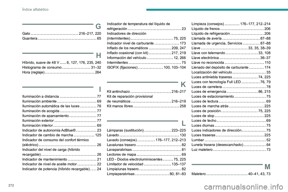 PEUGEOT 308 2024  Manual del propietario (in Spanish) 272
Índice alfabético
G
Gato    216–217, 220
Guantera     
65
H
Híbrido, suave de 48 V     6, 127, 176, 235, 240
Histograma de consumo     
31–32
Hora (reglaje)
    
264
I
Iluminación a distan
