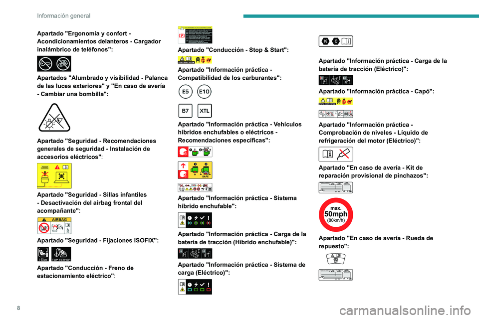 PEUGEOT 308 2024  Manual del propietario (in Spanish) 8
Información general
Apartado "Ergonomía y confort - 
Acondicionamientos delanteros - Cargador 
inalámbrico de teléfonos":
 
 
Apartados "Alumbrado y visibilidad - Palanca 
de las luc