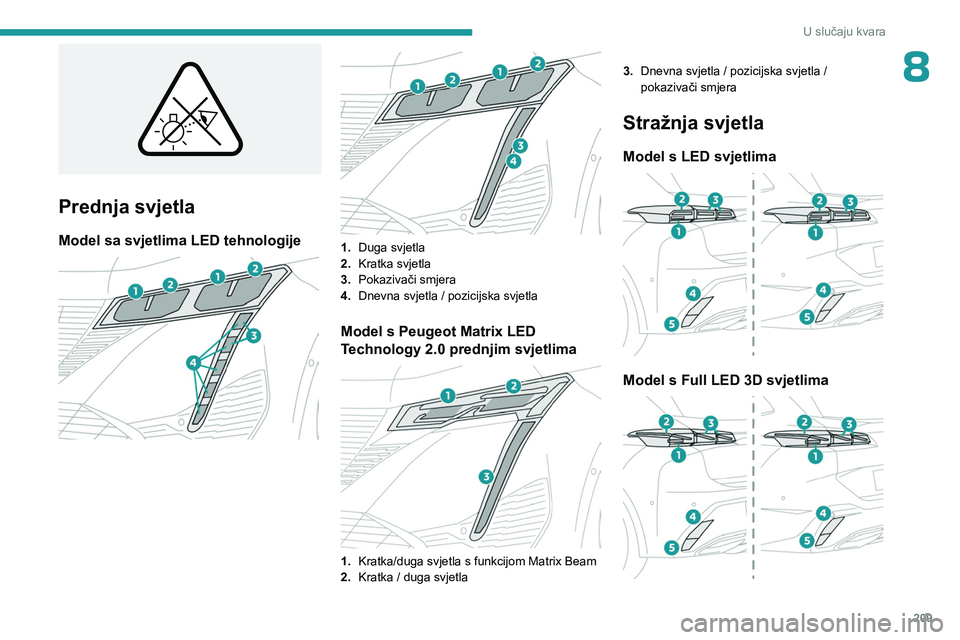 PEUGEOT 308 2024  Upute Za Rukovanje (in Croatian) 209
U slučaju kvara
8
 
Prednja svjetla
Model sa svjetlima LED tehnologije 
 
 
 
1. Duga svjetla
2. Kratka svjetla
3. Pokazivači smjera
4. Dnevna svjetla / pozicijska svjetla 
Model s Peugeot Matri