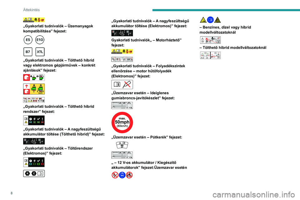 PEUGEOT 308 2024  Kezelési útmutató (in Hungarian) 8
Áttekintés
 
„Gyakorlati tudnivalók – Üzemanyagok 
kompatibilitása” fejezet:
 
 
 
 
„Gyakorlati tudnivalók – Tölthető hibrid 
vagy elektromos gépjárművek – konkrét 
ajánlá