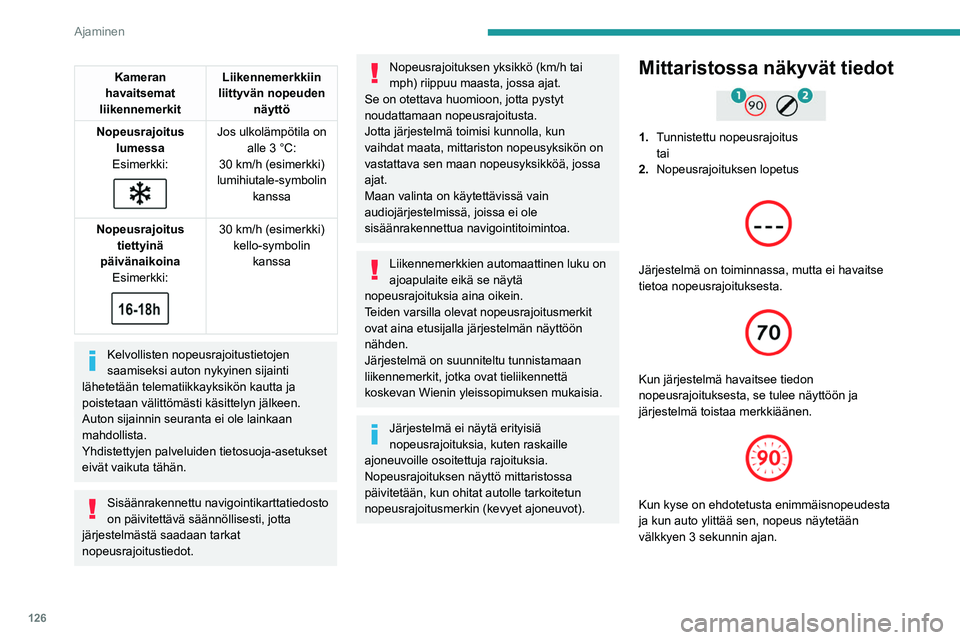 PEUGEOT 308 2024 Omistajan Käsikirja (in Finnish) 126
Ajaminen
Kameran
havaitsemat
liikennemerkit Liikennemerkkiin
liittyvän nopeuden näyttö
Nopeusrajoitus lumessa
Esimerkki:
Jos ulkolämpötila on alle 3 °C:
30 km/h (esimerkki)
lumihiu PEUGEOT 308 2024 Omistajan Käsikirja (in Finnish) 126
Ajaminen
Kameran
havaitsemat
liikennemerkit Liikennemerkkiin
liittyvän nopeuden näyttö
Nopeusrajoitus lumessa
Esimerkki:
Jos ulkolämpötila on alle 3 °C:
30 km/h (esimerkki)
lumihiu