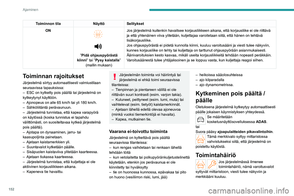 PEUGEOT 308 2024 Omistajan Käsikirja (in Finnish) 152
Ajaminen
Toiminnon tilaNäyttöSelitykset
ON
”Pidä ohjauspyörästä
kiinni ” tai ”Pysy kaistalla”
(mallin mukaan) Jos järjestelmä kuitenkin havaitsee korjausliikkeen aikana, e PEUGEOT 308 2024 Omistajan Käsikirja (in Finnish) 152
Ajaminen
Toiminnon tilaNäyttöSelitykset
ON
”Pidä ohjauspyörästä
kiinni ” tai ”Pysy kaistalla”
(mallin mukaan) Jos järjestelmä kuitenkin havaitsee korjausliikkeen aikana, e