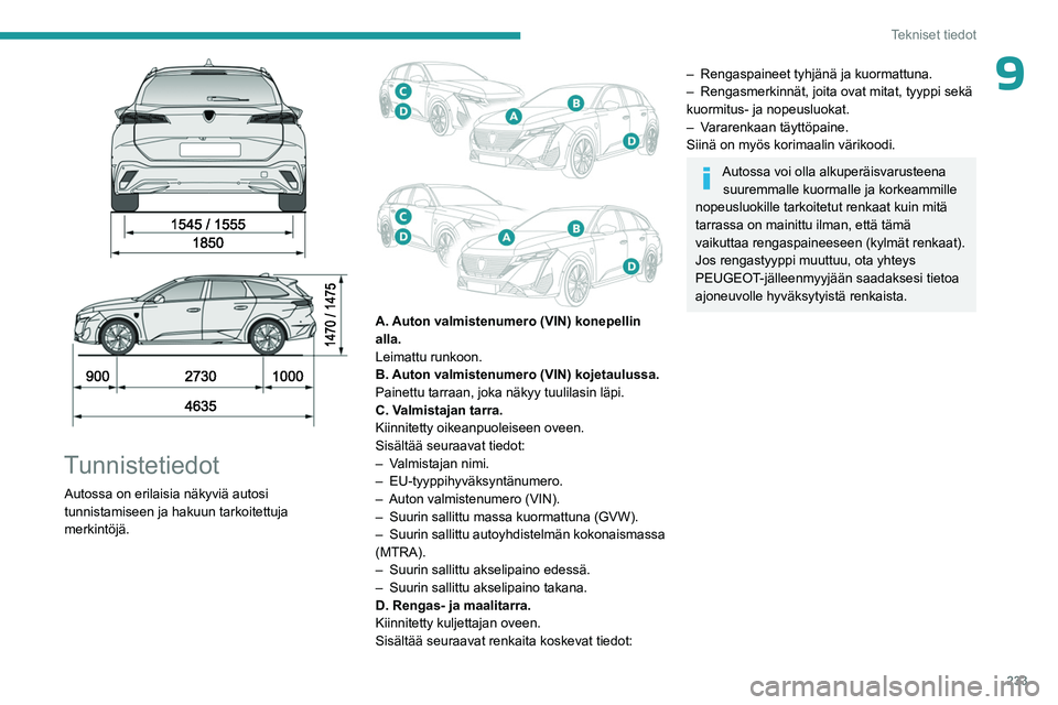 PEUGEOT 308 2024 Omistajan Käsikirja (in Finnish) 233
Tekniset tiedot
9
Tunnistetiedot
Autossa on erilaisia näkyviä autosi
tunnistamiseen ja hakuun tarkoitettuja
merkintöjä.
A. Auton valmistenumero (VIN) konepellin
alla.
Leimattu run PEUGEOT 308 2024 Omistajan Käsikirja (in Finnish) 233
Tekniset tiedot
9
Tunnistetiedot
Autossa on erilaisia näkyviä autosi
tunnistamiseen ja hakuun tarkoitettuja
merkintöjä.
A. Auton valmistenumero (VIN) konepellin
alla.
Leimattu run
