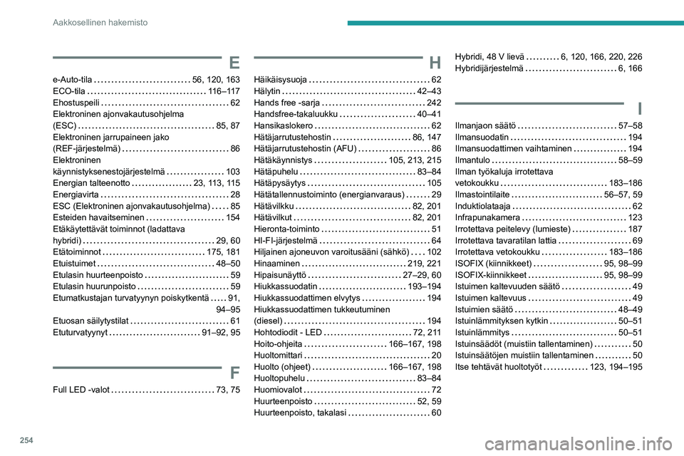 PEUGEOT 308 2024 Omistajan Käsikirja (in Finnish) 254
Aakkosellinen hakemisto
E
e-Auto-tila 56, 120, 163
ECO-tila
116–117
Ehostuspeili
62
Elektroninen ajonvakautusohjelma
(ESC)
85, 87
Elektroninen jarrupaineen jako
(REF-järje PEUGEOT 308 2024 Omistajan Käsikirja (in Finnish) 254
Aakkosellinen hakemisto
E
e-Auto-tila 56, 120, 163
ECO-tila
116–117
Ehostuspeili
62
Elektroninen ajonvakautusohjelma
(ESC)
85, 87
Elektroninen jarrupaineen jako
(REF-järje