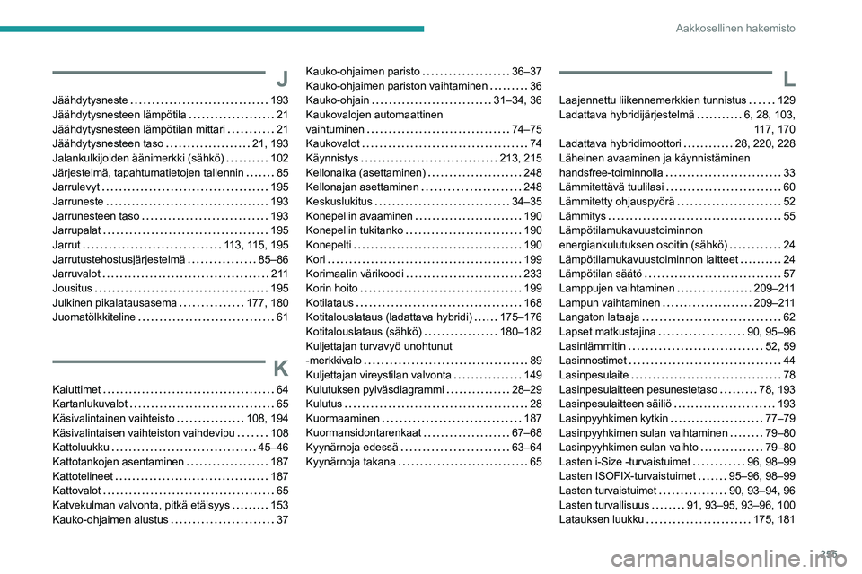 PEUGEOT 308 2024 Omistajan Käsikirja (in Finnish) 255
Aakkosellinen hakemisto
J
Jäähdytysneste 193
Jäähdytysnesteen lämpötila
21
Jäähdytysnesteen lämpötilan mittari
21
Jäähdytysnesteen taso
21, 193
Jalankulkijoiden ää PEUGEOT 308 2024 Omistajan Käsikirja (in Finnish) 255
Aakkosellinen hakemisto
J
Jäähdytysneste 193
Jäähdytysnesteen lämpötila
21
Jäähdytysnesteen lämpötilan mittari
21
Jäähdytysnesteen taso
21, 193
Jalankulkijoiden ää