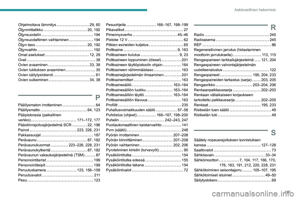 PEUGEOT 308 2024 Omistajan Käsikirja (in Finnish) 257
Aakkosellinen hakemisto
Ohjelmoitava lämmitys 29, 60
Öljynmittatikku
20, 192
Öljynsuodatin
194
Öljynsuodattimen vaihtaminen
194
Öljyn taso
20, 192
Öljynvaihto
19 PEUGEOT 308 2024 Omistajan Käsikirja (in Finnish) 257
Aakkosellinen hakemisto
Ohjelmoitava lämmitys 29, 60
Öljynmittatikku
20, 192
Öljynsuodatin
194
Öljynsuodattimen vaihtaminen
194
Öljyn taso
20, 192
Öljynvaihto
19