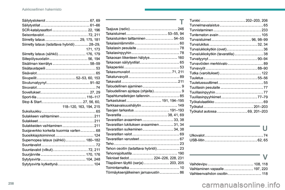 PEUGEOT 308 2024 Omistajan Käsikirja (in Finnish) 258
Aakkosellinen hakemisto
Säilytyslokerot 67, 69
Säilytystilat
61–66
SCR-katalysaattori
22, 196
Seisontavalot
72, 211
Siirretty lataus
29, 175, 181
Siirretty lataus (lada PEUGEOT 308 2024 Omistajan Käsikirja (in Finnish) 258
Aakkosellinen hakemisto
Säilytyslokerot 67, 69
Säilytystilat
61–66
SCR-katalysaattori
22, 196
Seisontavalot
72, 211
Siirretty lataus
29, 175, 181
Siirretty lataus (lada