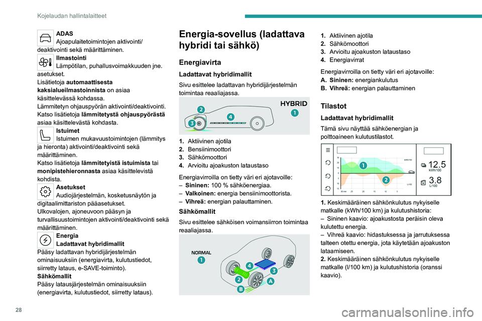 PEUGEOT 308 2024 Omistajan Käsikirja (in Finnish) 28
Kojelaudan hallintalaitteet
ADAS
Ajoapulaitetoimintojen aktivointi/
deaktivointi sekä määrittäminen.
Ilmastointi
Lämpötilan, puhallusvoimakkuuden jne.
asetukset.
Lisätietoja automaattisest PEUGEOT 308 2024 Omistajan Käsikirja (in Finnish) 28
Kojelaudan hallintalaitteet
ADAS
Ajoapulaitetoimintojen aktivointi/
deaktivointi sekä määrittäminen.
Ilmastointi
Lämpötilan, puhallusvoimakkuuden jne.
asetukset.
Lisätietoja automaattisest