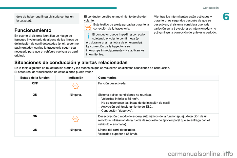 PEUGEOT 308 2023 Manual del propietario (in Spanish) 147
Conducción
6deje de haber una línea divisoria central en
la calzada).
Funcionamiento
En cuanto el sistema identifica un riesgo de
franqueo involuntario de alguna de las líneas de
delimitaci PEUGEOT 308 2023 Manual del propietario (in Spanish) 147
Conducción
6deje de haber una línea divisoria central en
la calzada).
Funcionamiento
En cuanto el sistema identifica un riesgo de
franqueo involuntario de alguna de las líneas de
delimitaci