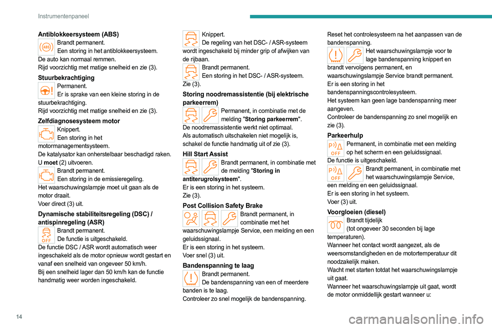 PEUGEOT 308 2023 Instructieboekje (in Dutch) 14
Instrumentenpaneel
Antiblokkeersysteem (ABS)Brandt permanent.Een storing in het antiblokkeersysteem.
De auto kan normaal remmen.
Rijd voorzichtig met matige snelheid en zie (3).
Stuurbekrachtiging PEUGEOT 308 2023 Instructieboekje (in Dutch) 14
Instrumentenpaneel
Antiblokkeersysteem (ABS)Brandt permanent.Een storing in het antiblokkeersysteem.
De auto kan normaal remmen.
Rijd voorzichtig met matige snelheid en zie (3).
Stuurbekrachtiging