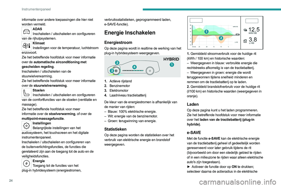 PEUGEOT 308 2023 Instructieboekje (in Dutch) 24
Instrumentenpaneel
informatie over andere toepassingen die hier niet
worden vermeld.
ADASInschakelen / uitschakelen en configureren
van de rijhulpsystemen.
Klimaat Instellingen voor de temperatuu PEUGEOT 308 2023 Instructieboekje (in Dutch) 24
Instrumentenpaneel
informatie over andere toepassingen die hier niet
worden vermeld.
ADASInschakelen / uitschakelen en configureren
van de rijhulpsystemen.
Klimaat Instellingen voor de temperatuu
