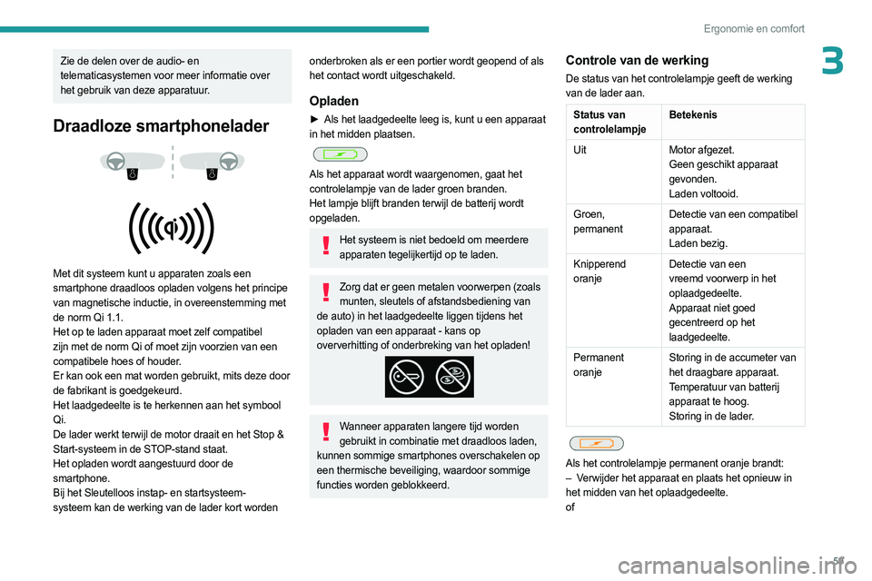PEUGEOT 308 2023 Instructieboekje (in Dutch) 59
Ergonomie en comfort
3Zie de delen over de audio- en
telematicasystemen voor meer informatie over
het gebruik van deze apparatuur.
Draadloze smartphonelader
Met dit systeem kunt u apparate PEUGEOT 308 2023 Instructieboekje (in Dutch) 59
Ergonomie en comfort
3Zie de delen over de audio- en
telematicasystemen voor meer informatie over
het gebruik van deze apparatuur.
Draadloze smartphonelader
Met dit systeem kunt u apparate