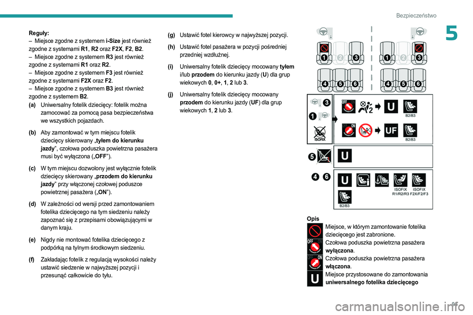PEUGEOT 308 2023 Instrukcja obsługi (in Polish) 95
Bezpieczeństwo
5Reguły:
– Miejsce zgodne z systemem i-Size jest również
zgodne z systemami R1, R2 oraz F2X, F2, B2.
–
Miejsce zgodne z systemem
R3 jest również
zgodne z systemami PEUGEOT 308 2023 Instrukcja obsługi (in Polish) 95
Bezpieczeństwo
5Reguły:
– Miejsce zgodne z systemem i-Size jest również
zgodne z systemami R1, R2 oraz F2X, F2, B2.
–
Miejsce zgodne z systemem
R3 jest również
zgodne z systemami
