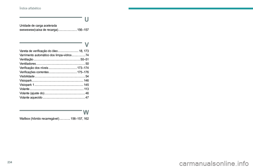 PEUGEOT 308 2023  Manual de utilização (in Portuguese) 234
Índice alfabético
U
Unidade de carga acelerada  
swswswsw(caixa de recarga)    
156–157
V
Vareta de verificação do óleo    18, 173
Varrimento automático dos limpa-vidros    
74
Ventilaçã