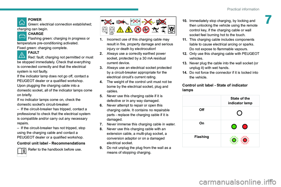 PEUGEOT 308 2022  Owners Manual 157
Practical information
7POWER
Green: electrical connection established; 
charging can begin. 
CHARGE
Flashing green: charging in progress or 
temperature pre-conditioning activated.
Fixed green: ch