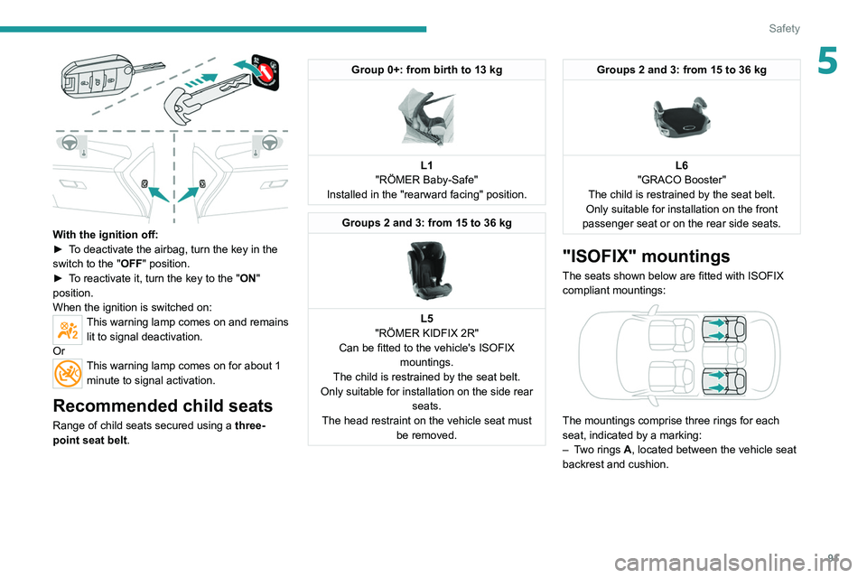 PEUGEOT 308 2022  Owners Manual 91
Safety
5
 
With the ignition off:
► T o deactivate the airbag, turn the key in the 
switch to the "OFF " position. 
►
 
T
 o reactivate it, turn the key to the "ON" 
position.
W