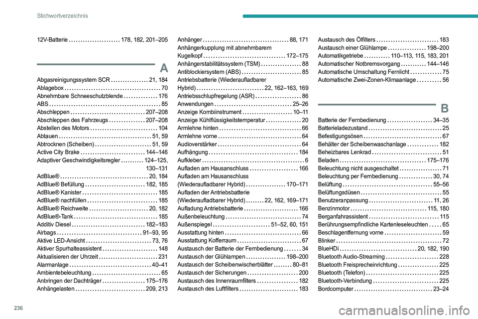 PEUGEOT 308 2022  Betriebsanleitungen (in German) 236
Stichwortverzeichnis
12V-Batterie    178, 182, 201–205
A
Abgasreinigungssystem SCR    21, 184
Ablagebox     
70
Abnehmbare Schneeschutzblende
   
176
ABS
    
85
Abschleppen
    
207–208
Absch