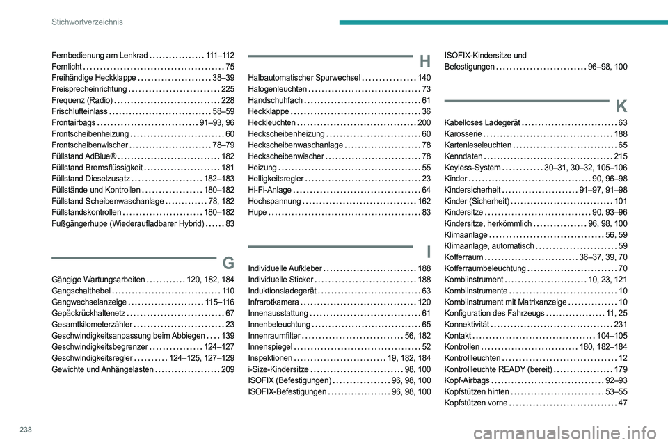 PEUGEOT 308 2022  Betriebsanleitungen (in German) 238
Stichwortverzeichnis
Fernbedienung am Lenkrad    111–112
Fernlicht     
75
Freihändige Heckklappe
   
38–39
Freisprecheinrichtung
    
225
Frequenz (Radio)
    
228
Frischlufteinlass
    
58