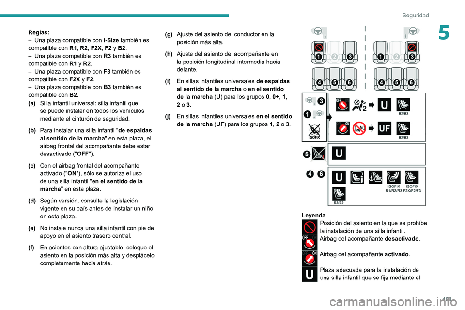 PEUGEOT 308 2022 Manual del propietario (in Spanish) 101
Seguridad
5Reglas:
– Una plaza compatible con i-Size
también es
compatible con R1, R2, F2X, F2 y B2.
–
Una plaza compatible con R3
también es
compatible con R1 y R2.
–
Una pla PEUGEOT 308 2022 Manual del propietario (in Spanish) 101
Seguridad
5Reglas:
– Una plaza compatible con i-Size
también es
compatible con R1, R2, F2X, F2 y B2.
–
Una plaza compatible con R3
también es
compatible con R1 y R2.
–
Una pla