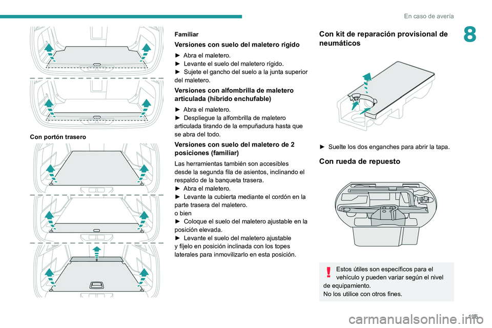 PEUGEOT 308 2022 Manual del propietario (in Spanish) 195
En caso de avería
8
Con portón trasero
Familiar
Versiones con suelo del maletero rígido
► Abra el maletero.
► Levante el suelo del maletero rígido.
►
Sujete el gancho del suelo a PEUGEOT 308 2022 Manual del propietario (in Spanish) 195
En caso de avería
8
Con portón trasero
Familiar
Versiones con suelo del maletero rígido
► Abra el maletero.
► Levante el suelo del maletero rígido.
►
Sujete el gancho del suelo a