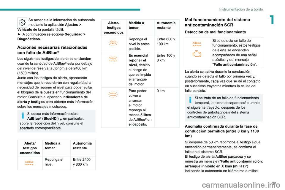 PEUGEOT 308 2022 Manual del propietario (in Spanish) 21
Instrumentación de a bordo
1Se accede a la información de autonomía
mediante la aplicación Ajustes
>
Vehículo de la pantalla táctil.
►
A
continuación seleccione Seguridad
>
Di PEUGEOT 308 2022 Manual del propietario (in Spanish) 21
Instrumentación de a bordo
1Se accede a la información de autonomía
mediante la aplicación Ajustes
>
Vehículo de la pantalla táctil.
►
A
continuación seleccione Seguridad
>
Di