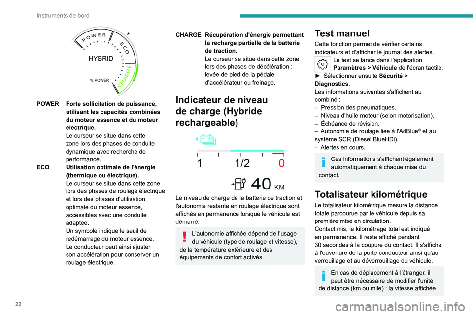 PEUGEOT 308 2022 Manuel du propriétaire (in French) 22
Instruments de bord
POWER Forte sollicitation de puissance, utilisant les capacités combinées
du moteur essence et du moteur
électrique.
Le curseur se situe dans cette
zone lors des phases PEUGEOT 308 2022 Manuel du propriétaire (in French) 22
Instruments de bord
POWER Forte sollicitation de puissance, utilisant les capacités combinées
du moteur essence et du moteur
électrique.
Le curseur se situe dans cette
zone lors des phases
