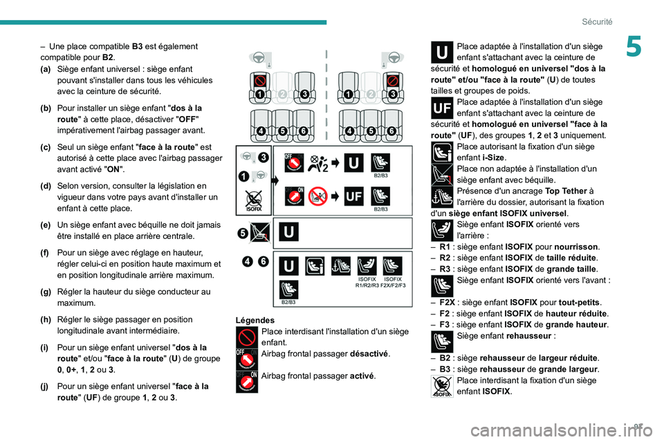 PEUGEOT 308 2022 Manuel du propriétaire (in French) 97
Sécurité
5– Une place compatible B3 est également
compatible pour B2.
(a) Siège enfant universel
: siège enfant
pouvant s'installer dans tous les véhicules
avec la ceinture de s PEUGEOT 308 2022 Manuel du propriétaire (in French) 97
Sécurité
5– Une place compatible B3 est également
compatible pour B2.
(a) Siège enfant universel
: siège enfant
pouvant s'installer dans tous les véhicules
avec la ceinture de s