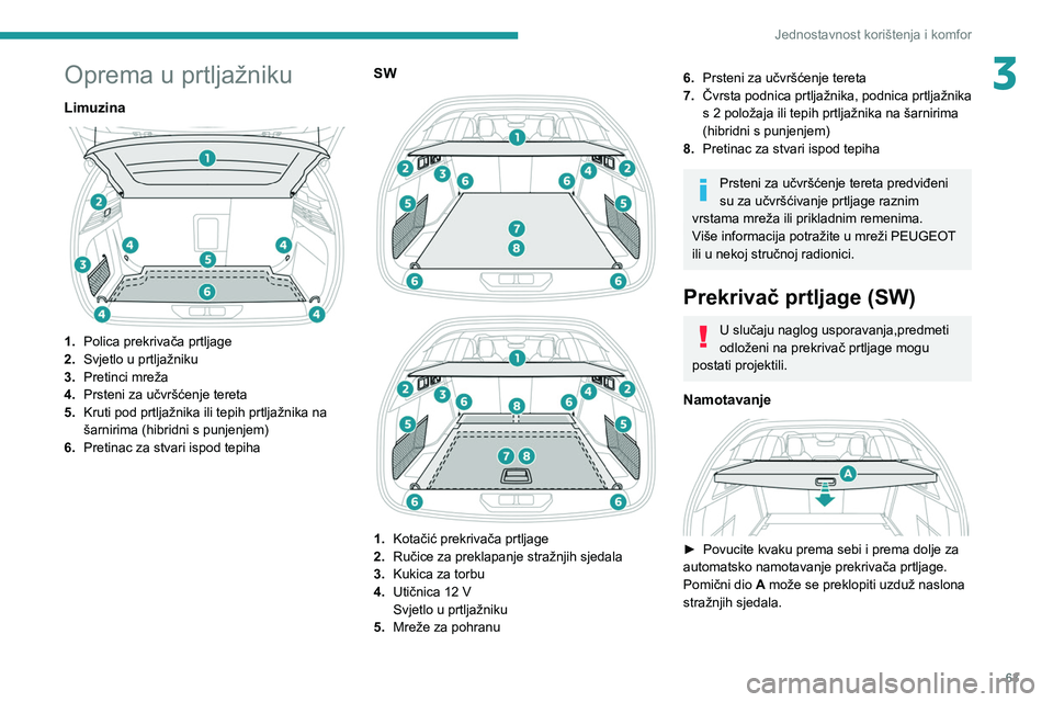 PEUGEOT 308 2022  Upute Za Rukovanje (in Croatian) 63
Jednostavnost korištenja i komfor
3Oprema u prtljažniku
Limuzina 
 
1.Polica prekrivača prtljage
2. Svjetlo u prtljažniku
3. Pretinci mreža
4. Prsteni za učvršćenje tereta
5. Kruti pod prtl
