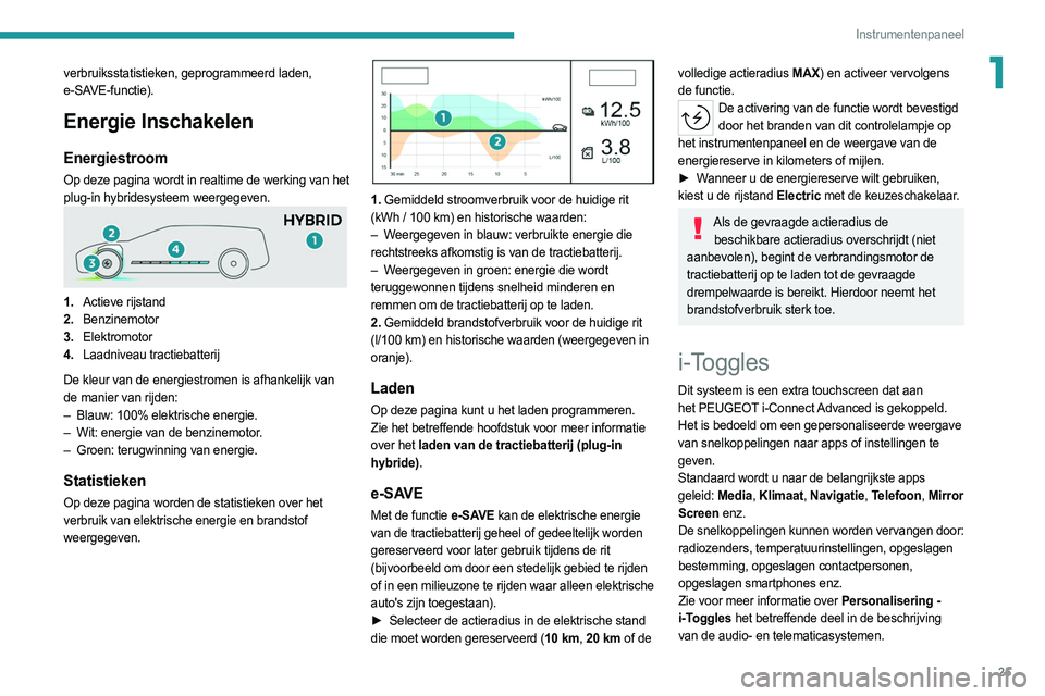 PEUGEOT 308 2022  Instructieboekje (in Dutch) 25
Instrumentenpaneel
1verbruiksstatistieken, geprogrammeerd laden, 
e- SAVE-functie).
Energie Inschakelen
Energiestroom
Op deze pagina wordt in realtime de werking van het 
plug-in hybridesysteem wee
