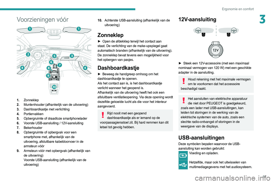 PEUGEOT 308 2022  Instructieboekje (in Dutch) 59
Ergonomie en comfort
3Voorzieningen vóór 
 
1.Zonneklep
2. Muntenhouder (afhankelijk van de uitvoering)
3. Dashboardkastje met verlichting
4. Portiervakken
5. Opbergruimte of draadloze smartphone