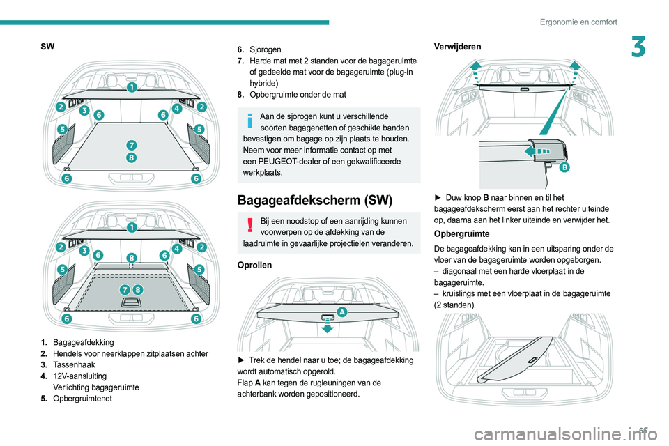 PEUGEOT 308 2022  Instructieboekje (in Dutch) 65
Ergonomie en comfort
3SW 
 
 
 
1. Bagageafdekking
2. Hendels voor neerklappen zitplaatsen achter
3. Tassenhaak
4. 12V-aansluiting
Verlichting bagageruimte
5. Opbergruimtenet
6.Sjorogen
7. Harde ma