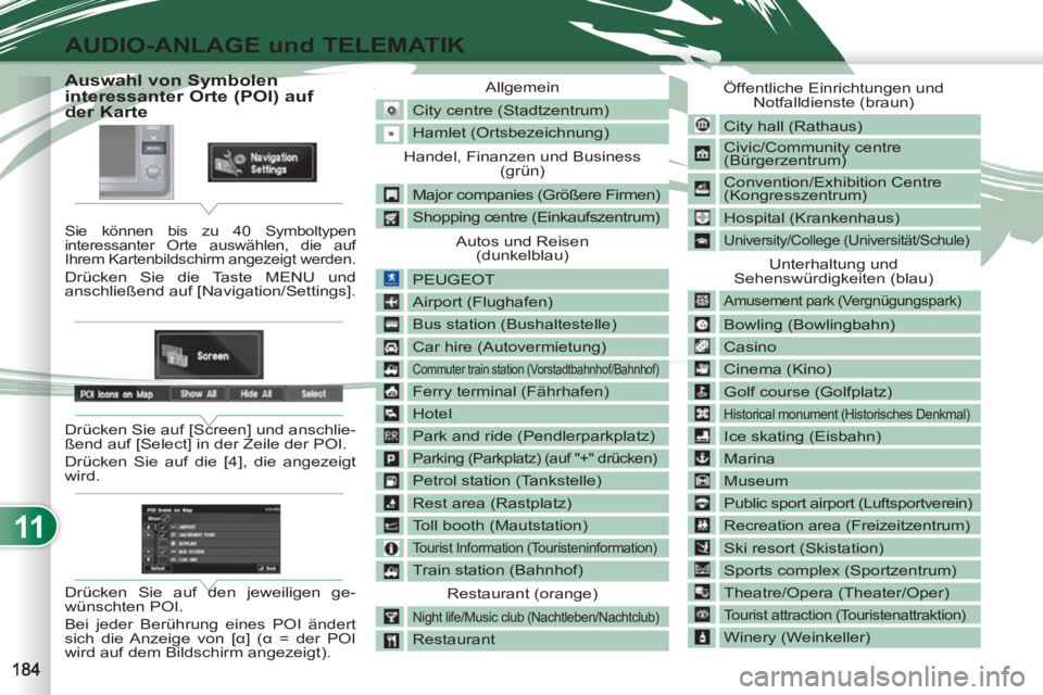 PEUGEOT 4007 2012 Betriebsanleitungen (in German) 11
AUDIO-ANLAGE und TELEMATIK
Auswahl von Symbolen
interessanter Orte (POI) auf
der Karte
Sie können bis zu 40 Symboltypen
interessanter Orte a PEUGEOT 4007 2012 Betriebsanleitungen (in German) 11
AUDIO-ANLAGE und TELEMATIK
Auswahl von Symbolen
interessanter Orte (POI) auf
der Karte
Sie können bis zu 40 Symboltypen
interessanter Orte a