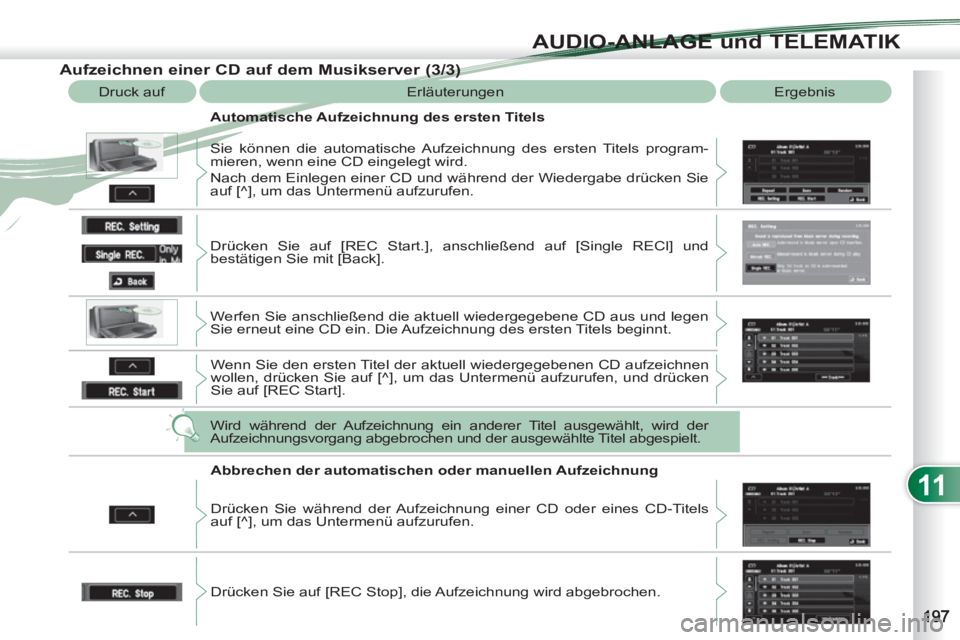 PEUGEOT 4007 2012 Betriebsanleitungen (in German) 11
AUDIO-ANLAGE und TELEMATIK
Aufzeichnen einer CD auf dem Musikserver (3/3)
Druck auf Erläuterungen Ergebnis
Automatische Aufzeichnung des ersten Titels
Sie können die automatisch PEUGEOT 4007 2012 Betriebsanleitungen (in German) 11
AUDIO-ANLAGE und TELEMATIK
Aufzeichnen einer CD auf dem Musikserver (3/3)
Druck auf Erläuterungen Ergebnis
Automatische Aufzeichnung des ersten Titels
Sie können die automatisch