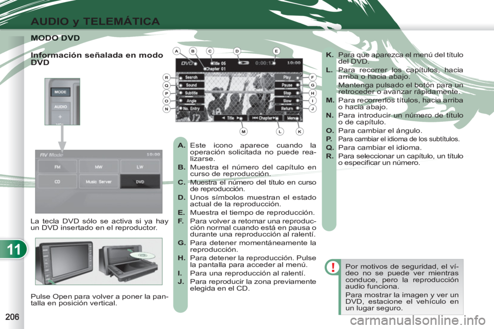 PEUGEOT 4007 2012  Manual del propietario (in Spanish) 11
AUDIO y TELEMÁTICA
MODO DMODO DVD
  La tecla DVD sólo se activa si ya hay 
un DVD insertado en el reproductor. 
  Pulse Open para volver a poner la pan-
talla en posición vertical.   Por motivos