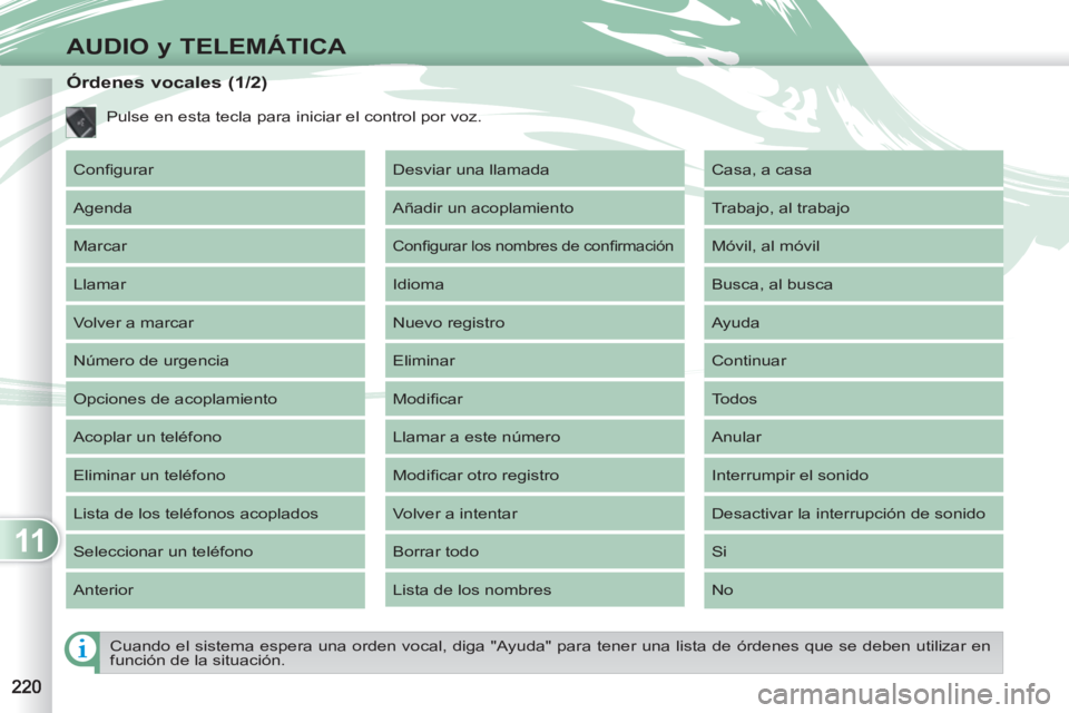 PEUGEOT 4007 2012  Manual del propietario (in Spanish) 11
AUDIO y TELEMÁTICA
    
Cuando el sistema espera una orden vocal, diga "Ayuda" para tener una lista de órdenes que se deben utilizar en 
función de la situación.  
 
 
 
 
 
 
 
 
 
 
 
 
 
 
 