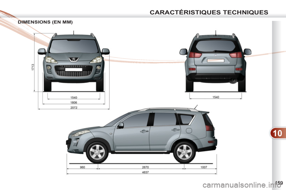 PEUGEOT 4007 2012  Manuel du propriétaire (in French) 10
CARACTÉRISTIQUES TECHNIQUES
DIMENSIONS (EN MM)DIM 