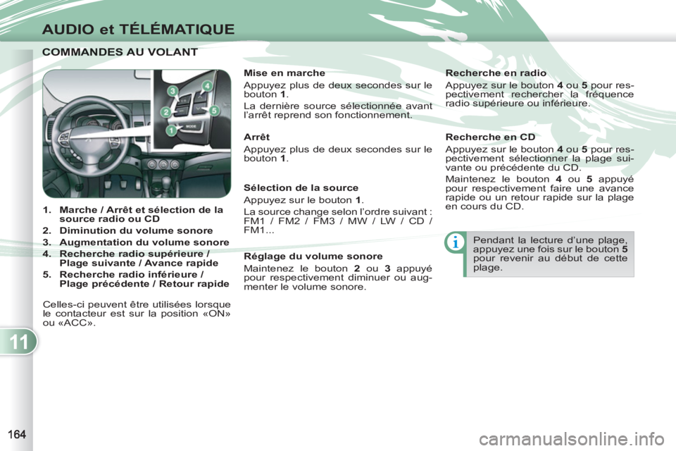 PEUGEOT 4007 2012 Manuel du propriétaire (in French) 11
AUDIO et TÉLÉMATIQUE
COMMANDES AU VOLANT COMMANDES AU VOLANT
1.
Marche / Arrêt et sélection de la
source radio ou CD
2.
Diminution du volume sonore
3.
Augment PEUGEOT 4007 2012 Manuel du propriétaire (in French) 11
AUDIO et TÉLÉMATIQUE
COMMANDES AU VOLANT COMMANDES AU VOLANT
1.
Marche / Arrêt et sélection de la
source radio ou CD
2.
Diminution du volume sonore
3.
Augment