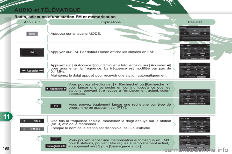 PEUGEOT 4007 2012  Manuel du propriétaire (in French) 11
AUDIO et TÉLÉMATIQUE
   
Radio, sélection d’une station FM et mémorisation 
 
Appuyez sur la touche MODE.    Appui sur   Explications  Résultat 
  Vous pouvez sélectionner [ � 
 Recherche]