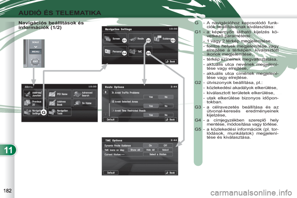 PEUGEOT 4007 2012  Kezelési útmutató (in Hungarian) 11
AUDIÓ ÉS TELEMATIKA
   
Navigációs beállítások és 
információk (1/2)   G  - A navigációhoz kapcsolódó funk-
ciók beállításainak kiválasztása: 
  G1 - a  képernyőn látható ki