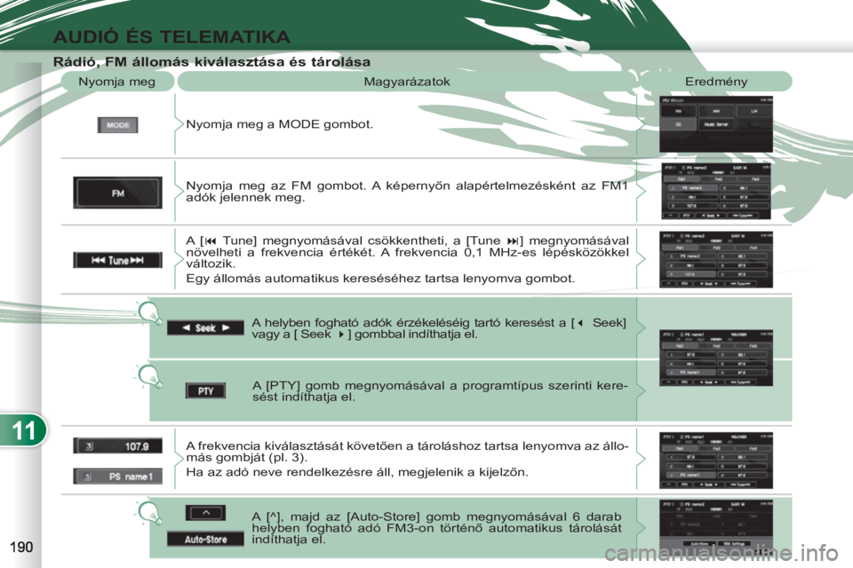 PEUGEOT 4007 2012  Kezelési útmutató (in Hungarian) 11
AUDIÓ ÉS TELEMATIKA
   
Rádió, FM állomás kiválasztása és tárolása 
 
Nyomja meg a MODE gombot.    Nyomja meg   Magyarázatok  Eredmény 
  A helyben fogható adók érzékeléséig tart