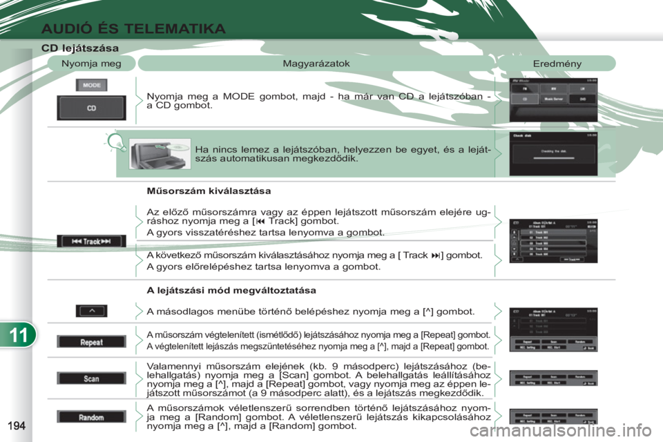 PEUGEOT 4007 2012  Kezelési útmutató (in Hungarian) 11
AUDIÓ ÉS TELEMATIKA
   
 
 
 
 
 
 
 
 
 
 
 
 
 
 
 
 
 
CD lejátszása 
 
Nyomja meg a MODE gombot, majd - ha már van CD a lejátszóban - 
a CD gombot.    Nyomja meg   Magyarázatok 
  Eredm