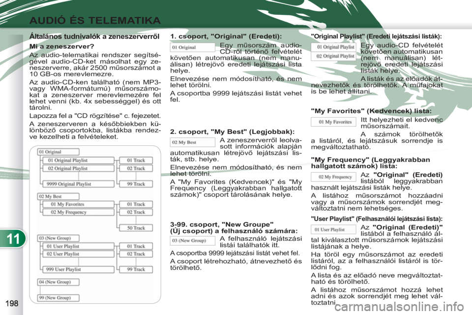 PEUGEOT 4007 2012  Kezelési útmutató (in Hungarian) 11
AUDIÓ ÉS TELEMATIKA
   
Általános tudnivalók a zeneszerverről 
 
 
Mi a zeneszerver? 
  Az audio-telematikai rendszer segítsé-
gével audio-CD-ket másolhat egy ze-
neszerverre, akár 2500 