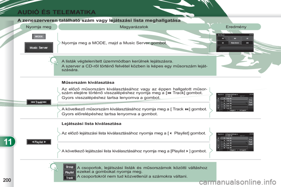 PEUGEOT 4007 2012  Kezelési útmutató (in Hungarian) 11
AUDIÓ ÉS TELEMATIKA
  Magyarázatok  Eredmény 
 
 
 
 
 
 
 
 
 
 
 
 
 
 
 
 
A zeneszerveren található szám vagy lejátszási lista meghallgatása 
 
Nyomja meg 
  Nyomja meg a MODE, majd a