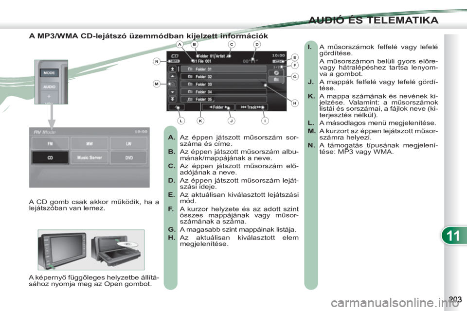 PEUGEOT 4007 2012  Kezelési útmutató (in Hungarian) 11
AUDIÓ ÉS TELEMATIKA
   
A MP3/WMA CD-lejátszó üzemmódban kijelzett információk 
 
 
 
A. 
  Az éppen játszott műsorszám sor-
száma és címe. 
   
B. 
  Az éppen játszott műsorszám