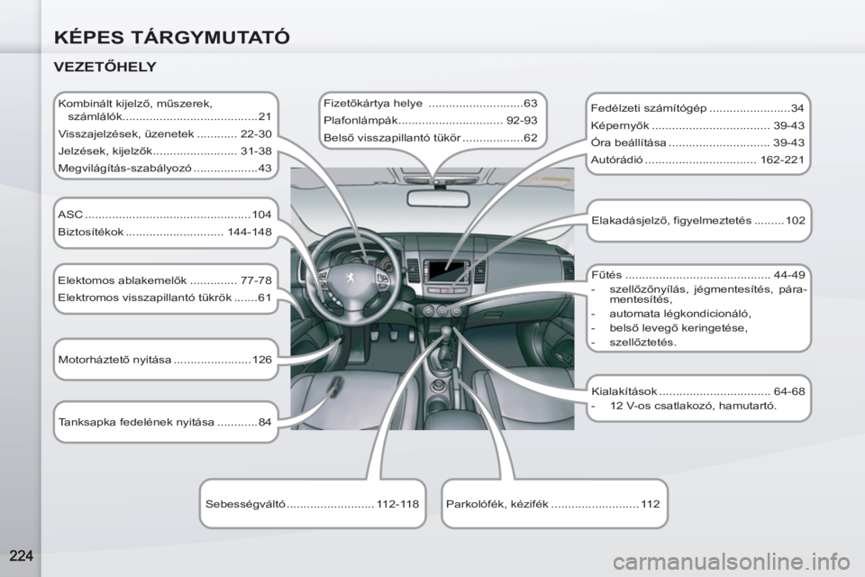 PEUGEOT 4007 2012  Kezelési útmutató (in Hungarian) KÉPES TÁRGYMUTATÓ
   
VEZETŐHELY 
 
 
Kombinált kijelző, műszerek, 
számlálók........................................21 
  Visszajelzések, üzenetek ............ 22-30 
  Jelzések, kijelz